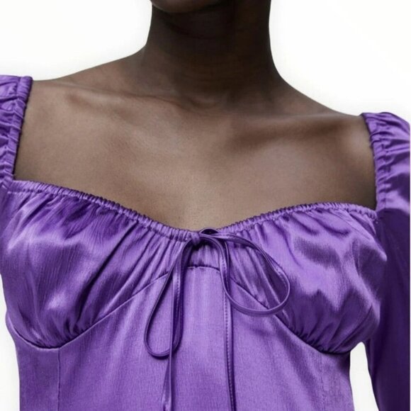 ZARA Women's Large Lilac Purple Gathered Ruched Satin Effect Mini Dress - Picture 11 of 12